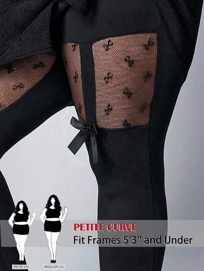 SHEIN PETITE CURVE Quần legging lưới xuyên thấu thời trang cỡ lớn với điểm nhấn nơ tương phản.