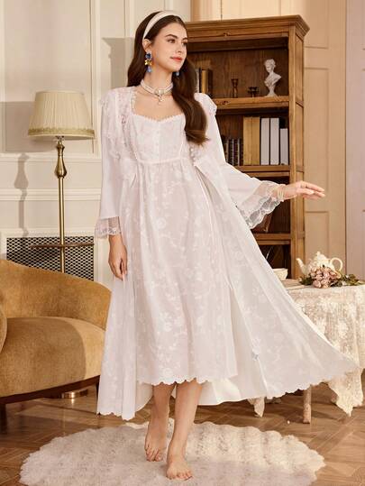 SHEIN Vintage Palace Style Women's Scoop Neck Slip Dress + 3D Butterfly Embroidered Robe Set