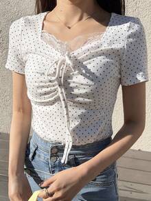 FRIFUL Women's Casual Polka Dot Print Lace Ruched Bust T-Shirt, Summer - White - View 4