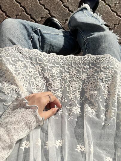 FRIFUL 女士纯色蕾丝刺绣薄纱优雅时尚半身裙