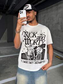 Rick and Morty X SHEIN 男士休闲字母卡通图案圆领短袖T恤，夏季款 - 白色 - 查看 5