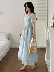 DAZY Đầm mùa hè nữ màu xanh dương, hai lớp vải lưới, eo thon, dáng dài đến đầu gối. - Màu xanh lam - Xem 3