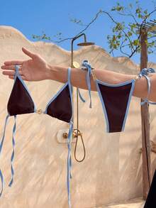 Bonvoyette Bộ bikini buộc dây cổ yếm màu trơn gợi cảm - Cà phê nâu - Xem 3