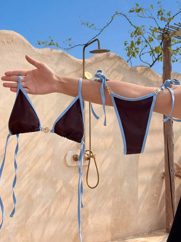 Bonvoyette Sexy Solid Color Lace-Up Halter Neck Bikini Set