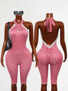 Mistrie Women's Plaid Lace Trim Fitted Jumpsuit Sexy Jumpsuit Women Checkered Jumpsuit Gingham Halter Jumpsuit For Women Gingham Jumpsuit Vacation Boho Sexy Plain Plaid Striped Casual - Red and White - View 1