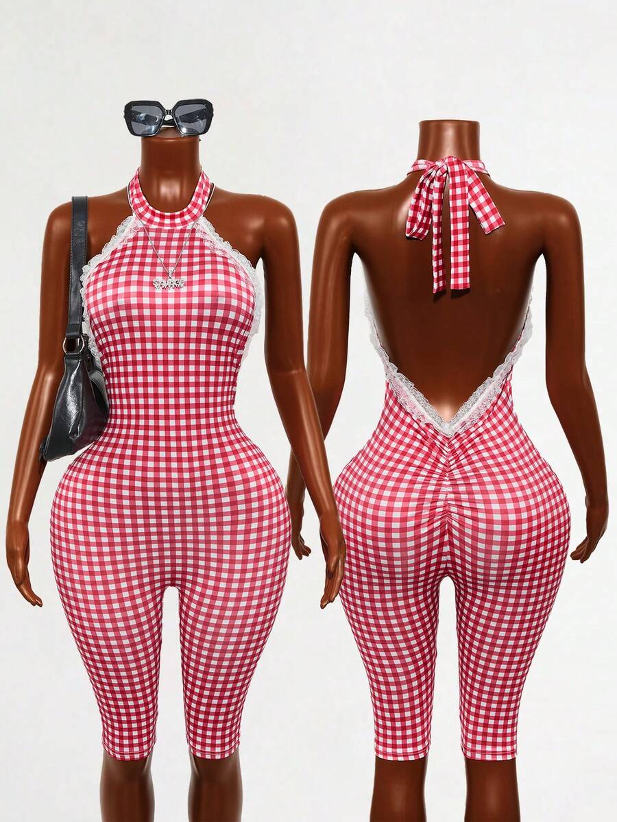 Mistrie Women's Plaid Lace Trim Fitted Jumpsuit Sexy Jumpsuit Women Checkered Jumpsuit Gingham Halter Jumpsuit For Women Gingham Jumpsuit Vacation Boho Sexy Plain Plaid Striped Casual - Red and White - View 1