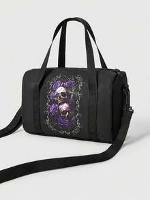 ROMWE Grunge Punk Bolso de hombro con calavera y flores moradas - Rosa Roja - Ver 4