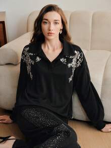 Anewsta 女士优雅百搭秋季卫衣，饰有串珠刺绣，黑色长袖套头衫 - 黑色 - 查看 5