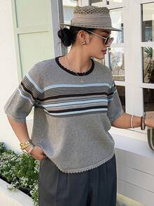Dazy Plus Áo dệt kim tay ngắn cổ tròn phối màu thời trang, kiểu dáng thường ngày, đa năng, thích hợp cho mùa xuân/hè. - Xám - Xem 8