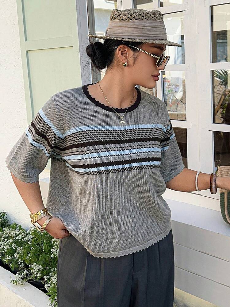 Dazy Plus Fashionable Color Block Round Neck Casual Versatile Short Sleeve Knit Top, Spring/Summer