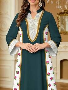 SHEIN Najma 女士花卉复古印花撞色V领长袖连衣裙，优雅春夏款 - 彩色 - 查看 3