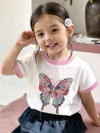 Baby Girl Casual Minimalist Short Sleeve Round Neck Top, Suitable For Summer, Faux Sequins Butterfly Print, Sweet & Cute, Suitable For Parties & Casual Wear