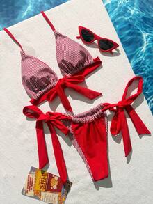 Swim Mod 2026 Spring/Summer Fashionable Striped Print Halter Backless Sexy Bikini 2-Piece Swimwear Set For Women - Red - View 4