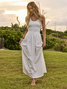 Aralina Women's Scooped Neck Ribbed Halter Neck And Poplin Maxi Dress Summer Dress Beach Dress Casual Long Dresses For Women Everyday Dress - White - View 1