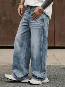 DAZY Jeans holgados con lavado vintage y corte acampanado para hombres, primavera - Azul - Ver 4