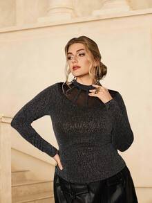 VOLUPTÉ CURVE Áo kiểu dáng mới mùa xuân dành cho người có thân hình mũm mĩm, thời trang đa năng, chất liệu kim loại đen bạc, dệt kim, lưới, cổ cao, dáng ôm, tay dài, thích hợp mặc đi club hoặc đi nghỉ mát, áo lót dài thông thường. - màu đen - Xem 1