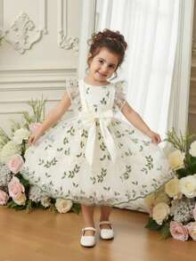 SHEIN Glamorique Kids Girls Sweet Cute Cap Sleeve Mesh Embroidered Midi Dress - Apricot - View 3