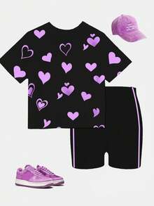 2件套少女休闲韩流卡通女孩爱心印花短袖卫衣和配套短裤套装，适合日常和假日休闲穿着，舒适保暖。 - 粉色 - 查看 2