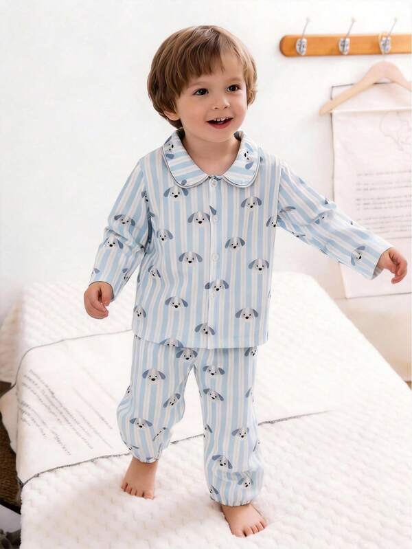 男婴舒适柔软睡衣套装，长袖开衫和裤子，可爱小狗蓝白条纹