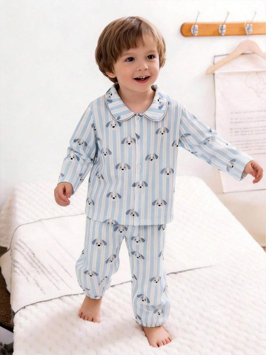 男婴舒适柔软睡衣套装，长袖开衫和裤子，可爱小狗蓝白条纹 - 彩色 - 查看 1