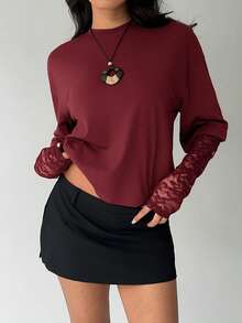 Aloruh Women's Solid Color Minimalist Everyday Lace Splice Sleeve T-Shirt - Burgundy - View 5