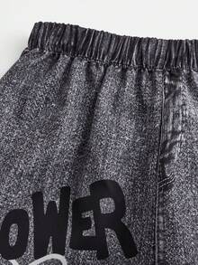 少女两件套：修身黑色印花短袖圆领T恤 + 宽松做旧灰色字母印花阔腿裤，春夏款 - 黑色 - 查看 4