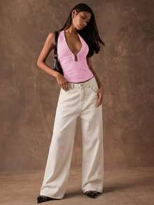 SHEIN BAE Atasan Wanita Modis Seksi Warna Polos Tanpa Lengan dengan Desain Halter dan Punggung Terbuka, Atasan Musim Panas - Baby Pink - View 5