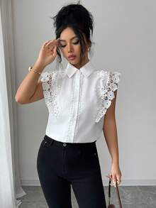 Elenzga Áo kiểu nữ dáng tiêu chuẩn mùa xuân/hè, phối ren, họa tiết hoa 3D, thanh lịch. - trắng - Xem 3