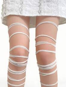 ROMWE Anime 1双辣妹组合个性化破洞条纹女士连裤袜 - 白色 - 查看 6