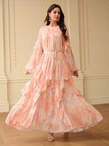 SHEIN X Scot Louie ZEYLAH Elegant Romantic Floral Print Flowy Ruffle Hem A-Line Dress, Spring/Summer - Baby Pink - View 4