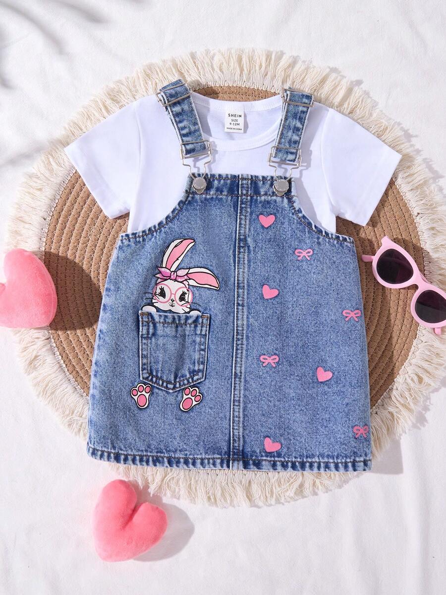 SHEIN Baby Girl Cute Pink Ribbon Bow Denim Dress,Kid Girls Spring And Summer Casual Vacation Country Boho Wear, Beach Outfits For Kid Girls, Spring Break Outfits,Rave Outfits Festival Denim Dress,Cute Vacation Print Dress - Light Wash - View 1