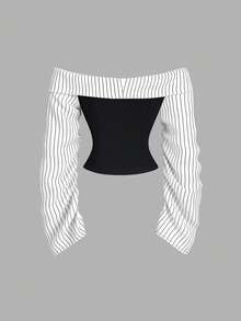 Sweetra Blus Pesta Seksi Slim Fit Lengan Panjang Berkerut Asimetris Gaya Gotik untuk Wanita - Putih - View 2