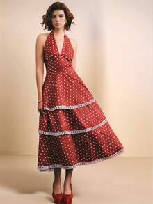 Poéselle 女士波点印花多层露背复古连衣裙 - 紅色 - 查看 6