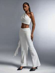 Amplova Bộ đồ 2 món thời trang áo crop top và quần ống loe thiết kế dây nhún màu trơn dành cho nữ - trắng - Xem 6