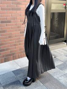 FRIFUL Women's Solid Color Suspender Strap Shoulder Ruched Bow Decor Pleated Hem Loose Casual Versatile Long Dress, Spring Sundress - Grey - View 6