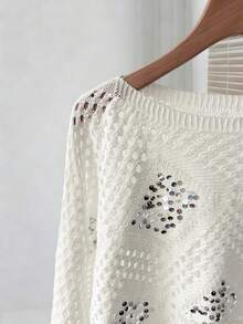 Chiquease 女士春夏休闲优雅日常派对菱形图案百搭纯色船领修身镂空亮片长袖插肩针织套头衫，女士白色上衣，女士派对，女士度假，女士闪亮上衣，亮片，镂空，女士度假钩针编织镂空上衣 - 白色 - 查看 5