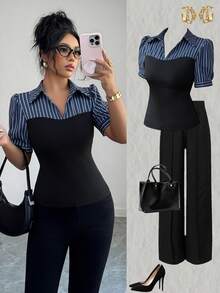 Elenzga Women's Solid Color Striped Patchwork Short Sleeve Shirt - Black - View 1