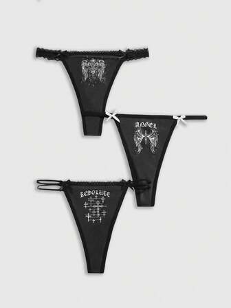 Goth Set di 3 perizomi con pizzo a forma di croce e ali in stile gotico