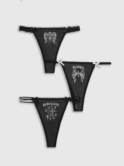 ROMWE 3pcs Gothic Cross Wing Lace Trim Thong Panty Set