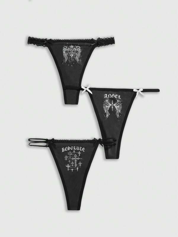 ROMWE Goth 3件套哥特式十字翅膀蕾丝边丁字裤套装