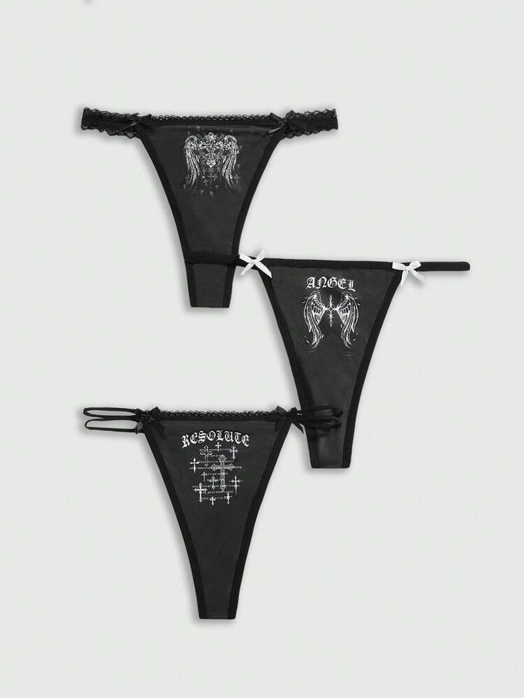 ROMWE Goth 3件套哥特式十字翅膀蕾丝边丁字裤套装 - 黑色 - 查看 1