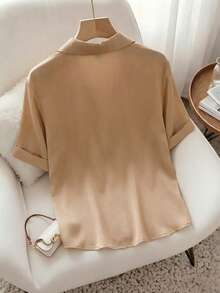 Franclia 女士法式优雅简约梭织Polo领衬衫，优雅女式上衣，休闲服饰，夏季百搭经典配色，时尚休闲通勤装，商务办公装，百搭时尚日常休闲装，都市教师职业装 - 駝色 - 查看 2