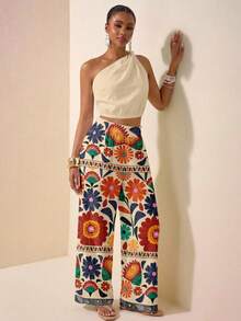 Zivah Casual Vacation Style Geometric Print Placement Pattern One Shoulder Twist Cutout Cropped Women's Top And Straight Loose Pants With Ruffle Hem Pockets, Women's 2 Pieces Set Suitable For Spring/Summer Vacation - Multicolor - View 4