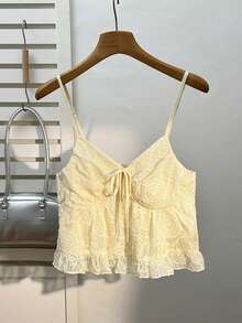 Elamini 女士休闲度假吊带背心，细肩带网纱刺绣面料，系带 - 黃色 - 查看 7