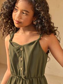SHEIN Tween Girls Olive Green Summer Casual Picnic Sleeveless Tie-Front Midi Dress For Tween Girls, V-Neck Front Button Vintage Charm, Daily, Outfit - Army Green - View 3