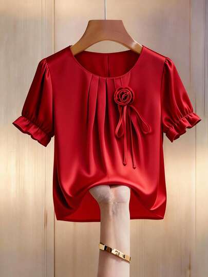 Franclia Women's Satin 3D Rose Decor Puff Sleeve Elegant Blouse, Versatile For Dates, Gatherings, Work Commute, Holidays