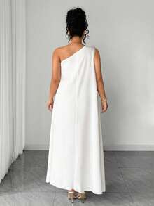 Elenzga 大码女式宽松印花无袖不对称肩部优雅连衣裙 - 米色 - 查看 2