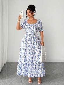 Elenzga 大码女式方领泡泡袖系腰喇叭下摆印花连衣裙，优雅户外穿着 - 藍色 - 查看 5