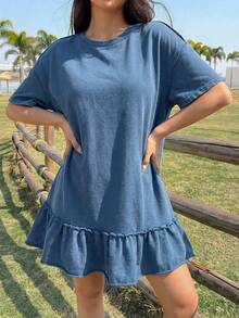 Comfortcana 复古水洗蓝色做旧针织荷叶边下摆短袖连衣裙 - 中等水洗藍 - 查看 6