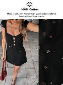 Serisse Embroidered Hollow Dress Mesh Dress Black Mini Dress Women Mini Solid Color Dress, Fashionable For Summer,Rave Outfits Festival Casual - Black - View 3